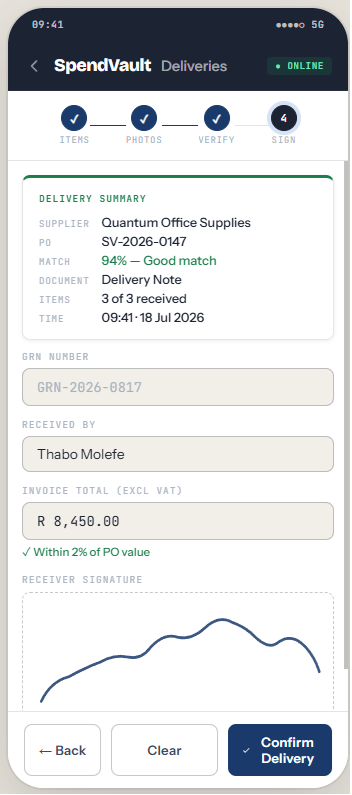 SpendVault delivery app — receive goods, capture evidence, sign off