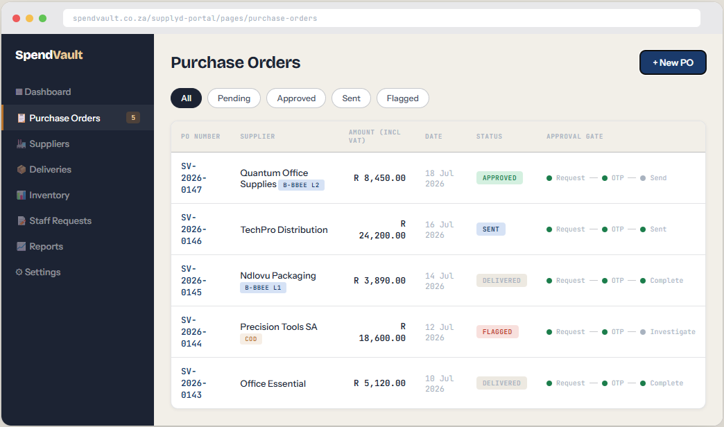 SpendVault purchase orders — approval gates, B-BBEE tags, spend tracking
